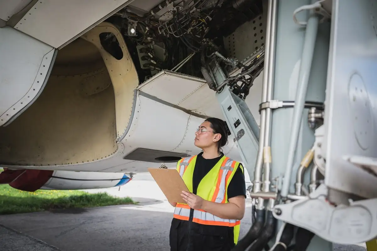 Etudiante qui inspecte un compartiment de train d'atterissage.