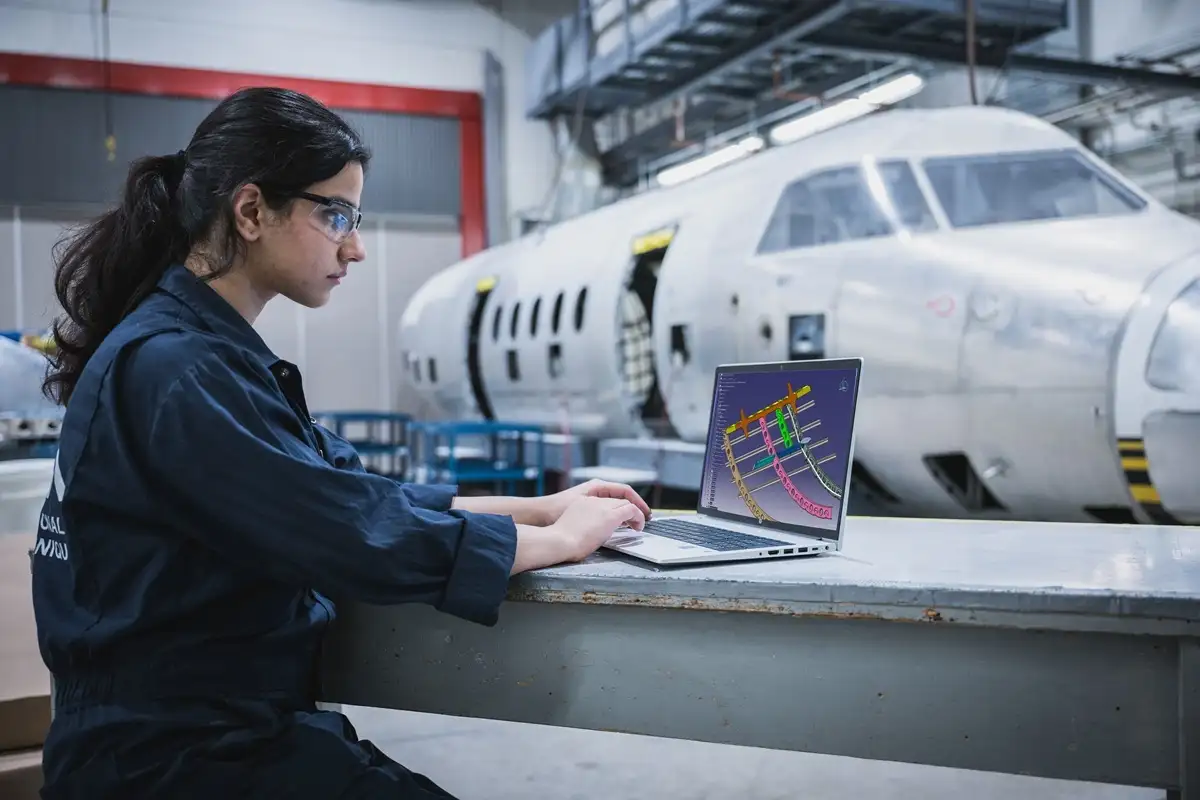 Etudiante consultant un schéma sur un ordinateur portatif